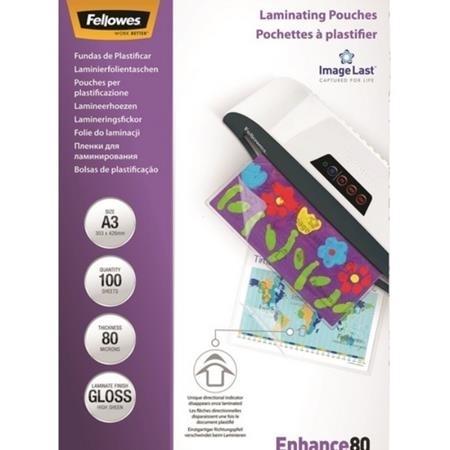 FUNDAS PLASTIFICAR 80 MICRAS BRILLO A3 (CJ.100) FELLOWES