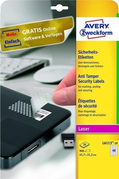 ETIQUETAS LASER SERGURIDAD ANTI FRAUDE A4 63,5x29,6MM 20HJ 540U AVERY