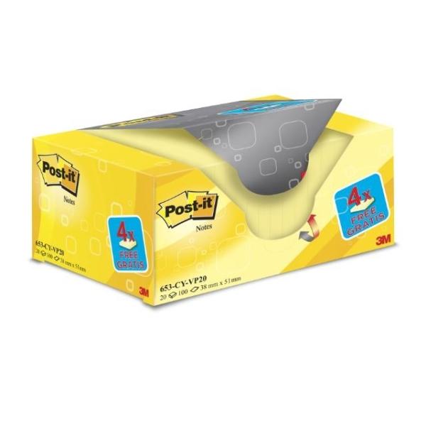 NOTAS ADHESIVAS POST-IT  16+4 BLOCS GRATIS AMARILLO 100H 38x51MM (UU001489770)