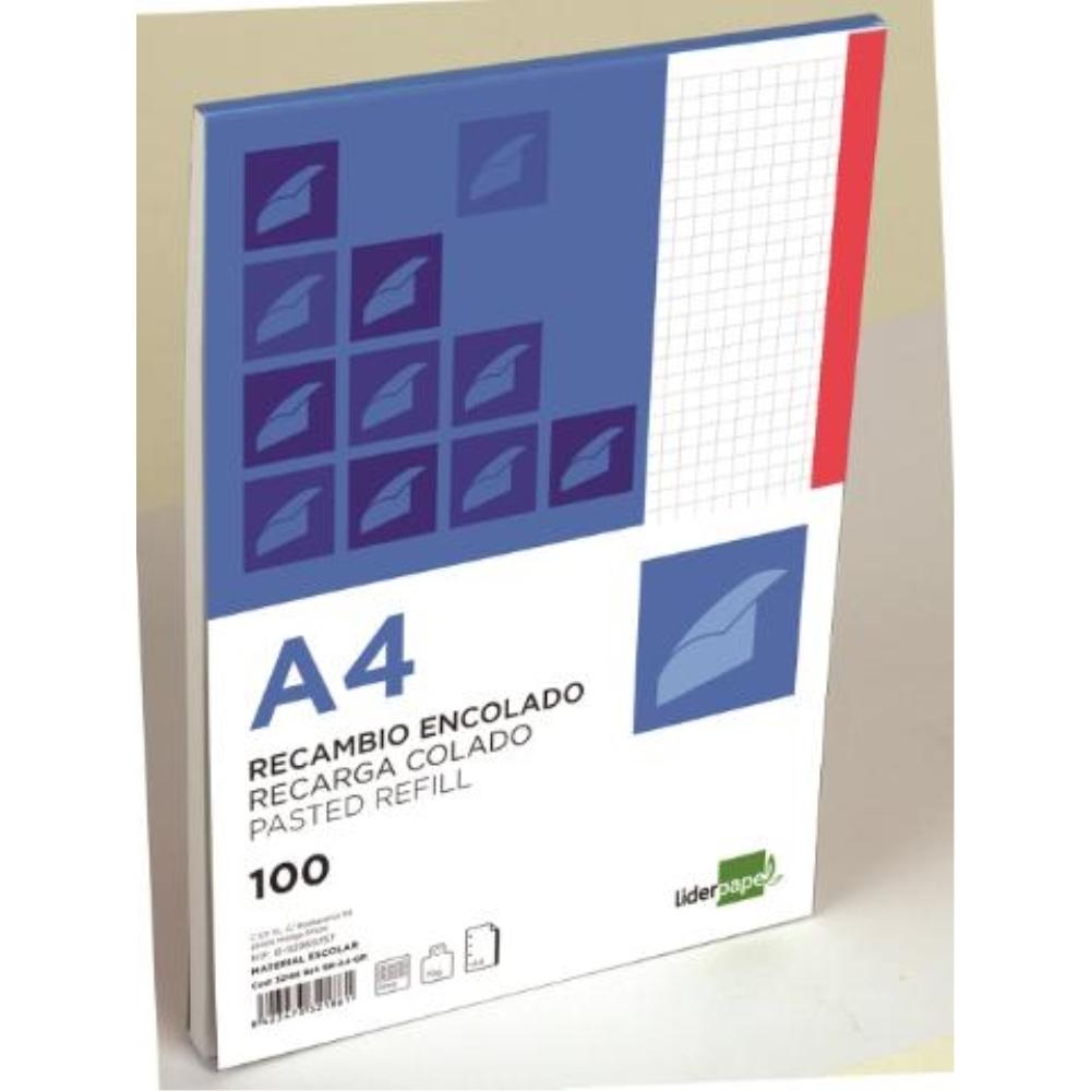 RECAMBIO ENCOLADO A4 100H C/5 BANDA COLOR ROJO LIDERPAPEL