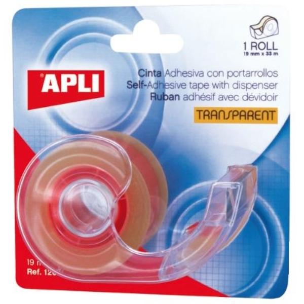 PORTARROLLOS MINI CON CINTA TRANSPARENTE 33Mx19MM APLI