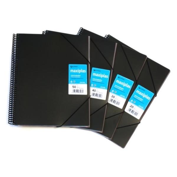 CARPETA FUNDAS MAXIPLAS A4 ESPIRAL 20 FUNDAS NEGRA GRAFOPLAS