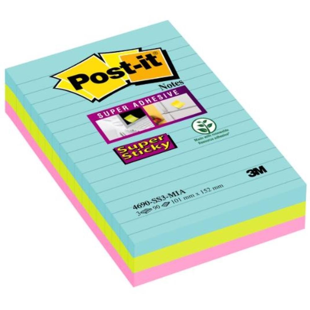 NOTAS ADHESIVAS POST-IT  SUPERSTICKY LINEAS MIAMI 101X152MM 3 BLOCS 90H (70005290831)
