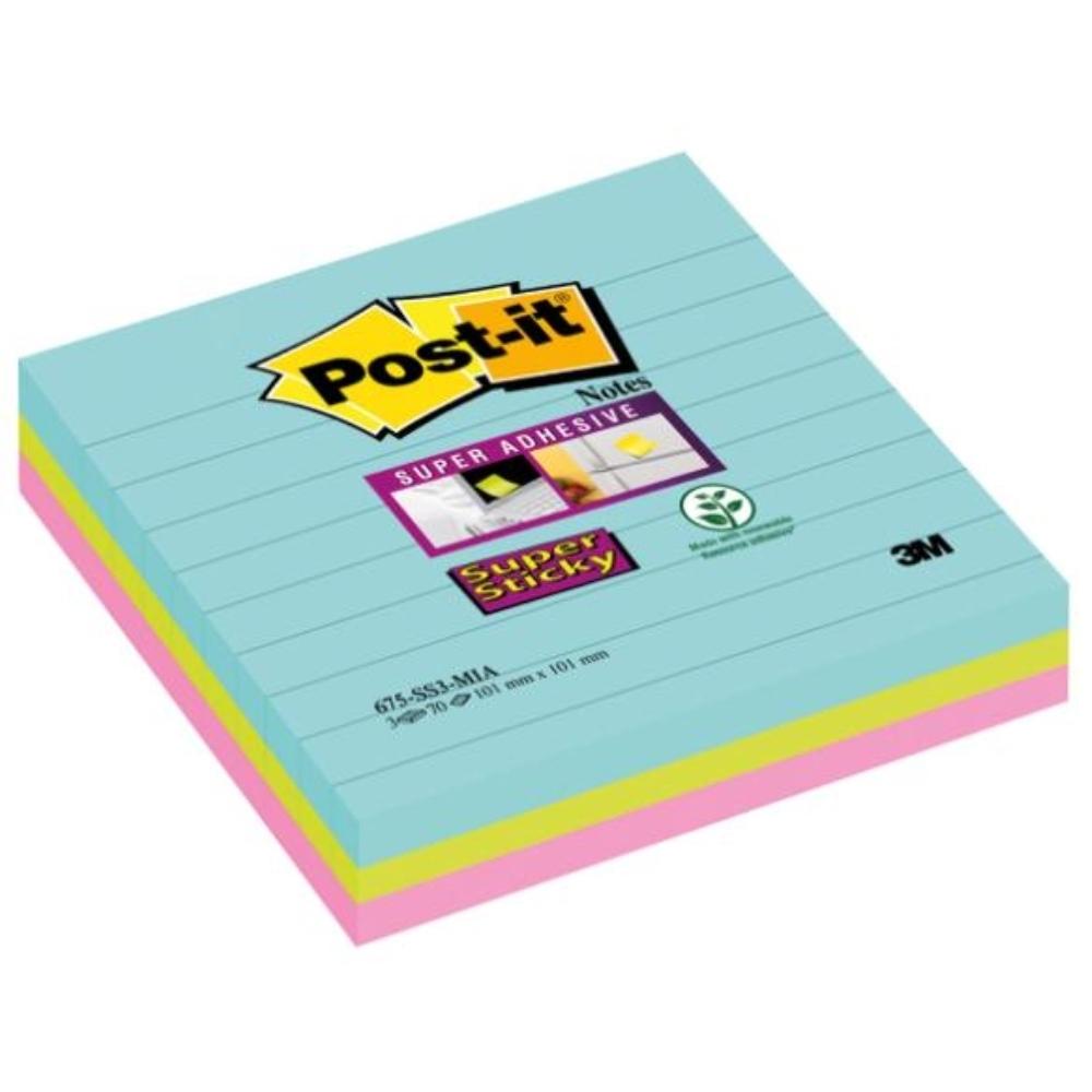 NOTAS ADHESIVAS POST-IT  SUPERSTICKY LINEAS MIAMI 101X101MM 3 BLOCS 90H (70005291656)