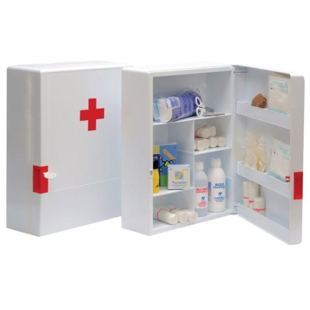 BOTIQUIN PLASTICO EXTRADURO CON MATERIAL PARA PRIMEROS AUXILIOS 460X340X150 MM