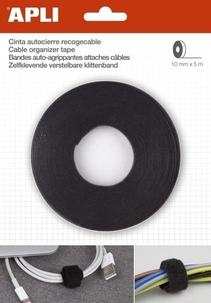 CINTA AUTOCIERRE RECOGE CABLES GANCHO/BUCLE NEGRA 10MMX5M APLI