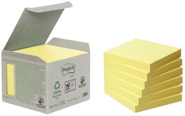 NOTAS ADHESIVAS POST-IT  RECICLADAS 76 X 76 MM AMARILLO CAJA CARTÓN 654-1B POST-IT